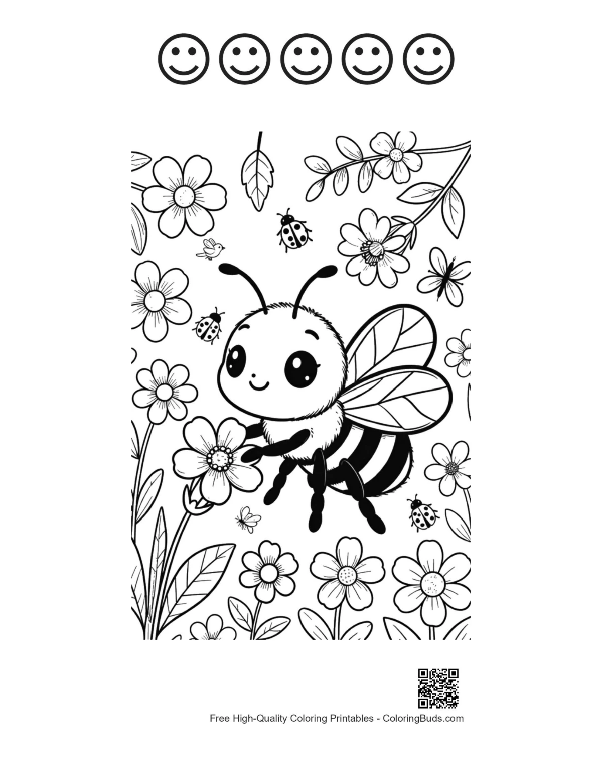 Small bee printable with 5 happy face outlines