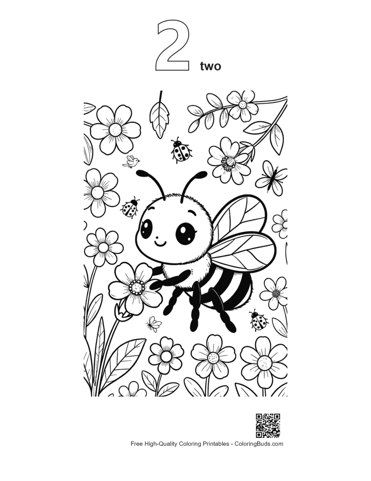 Outline version 2 small bee spring petals coloring printable
