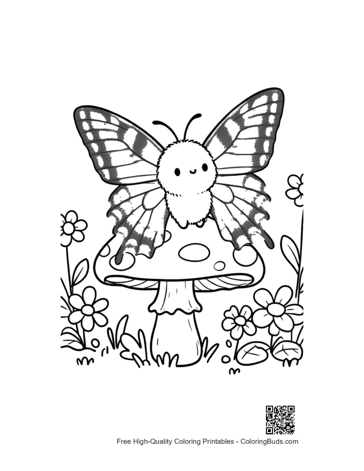 Adorable Swallowtail butterfly on mushroom garden coloring printable