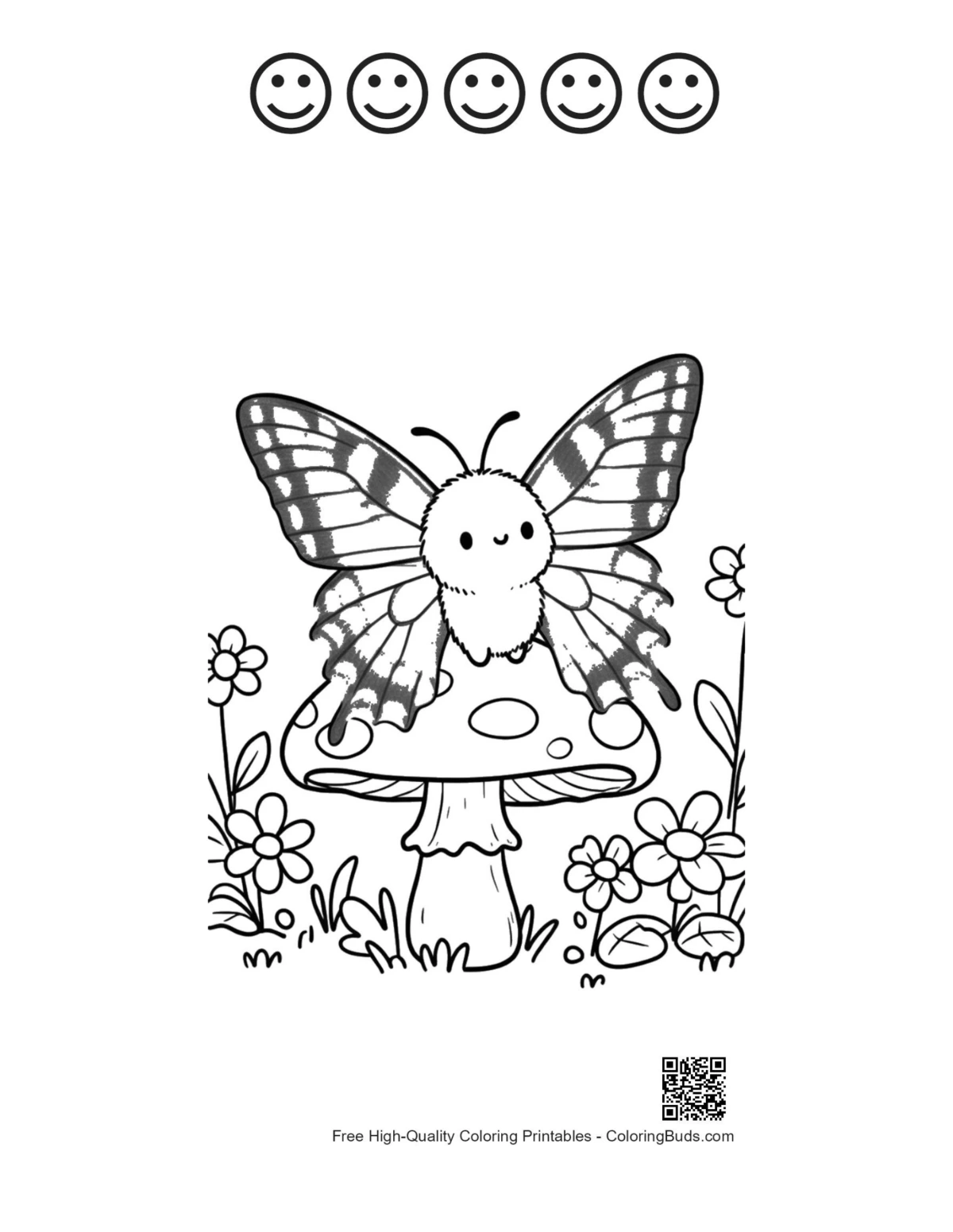 Butterfly on mushroom with 5 happy faces outline printable