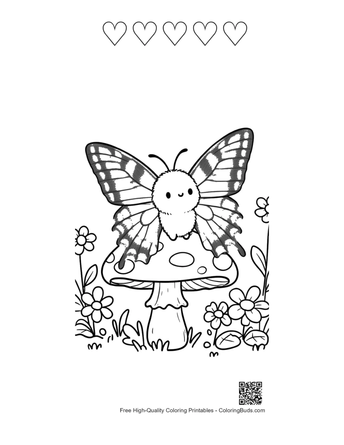 Swallowtail butterfly mushroom printable 5 hearts outline
