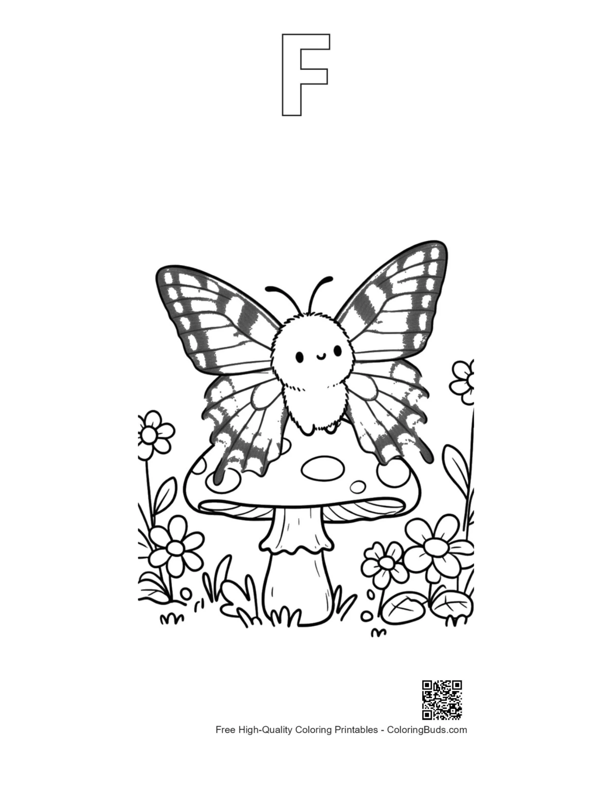 Butterfly mushroom printable outline with alphabet letter F