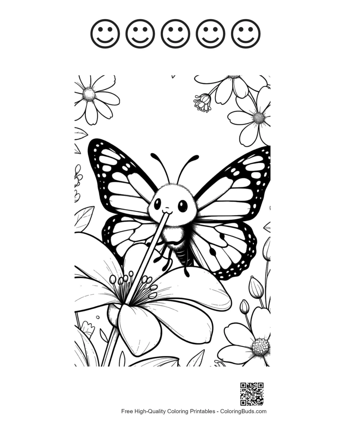 Monarch butterfly printable with 5 happy face outlines