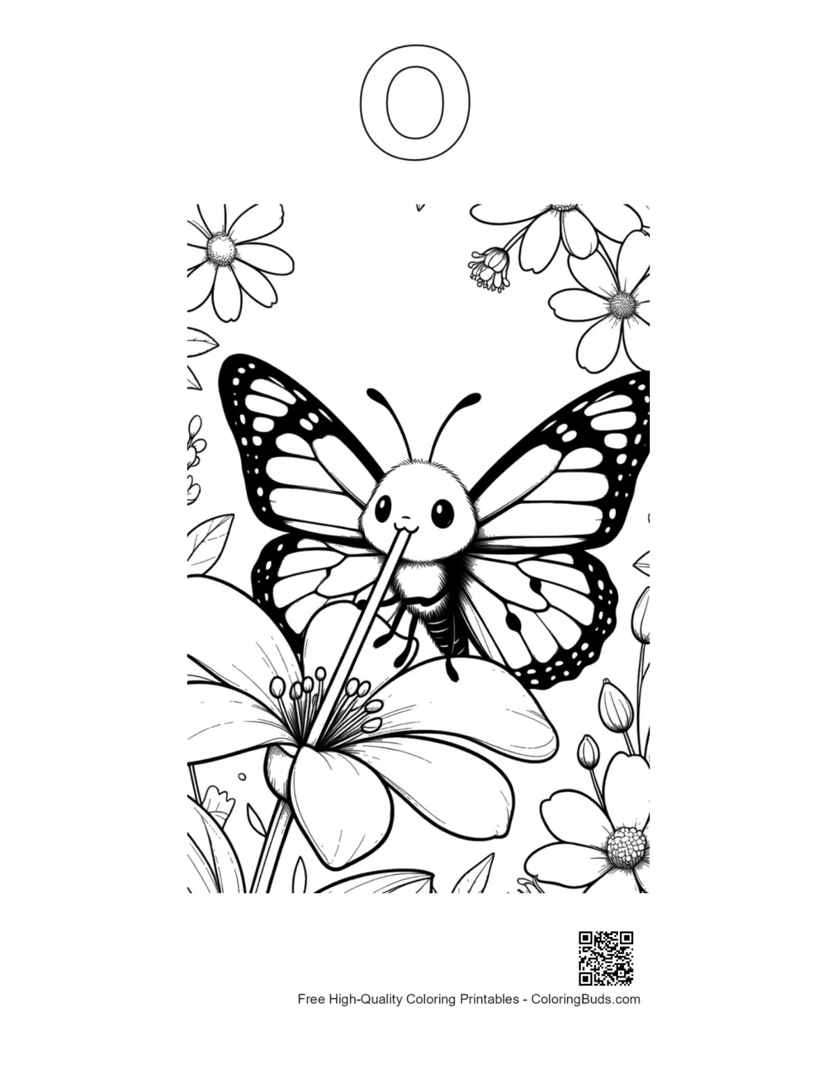 Butterfly daisy printable outline shaped like alphabet O