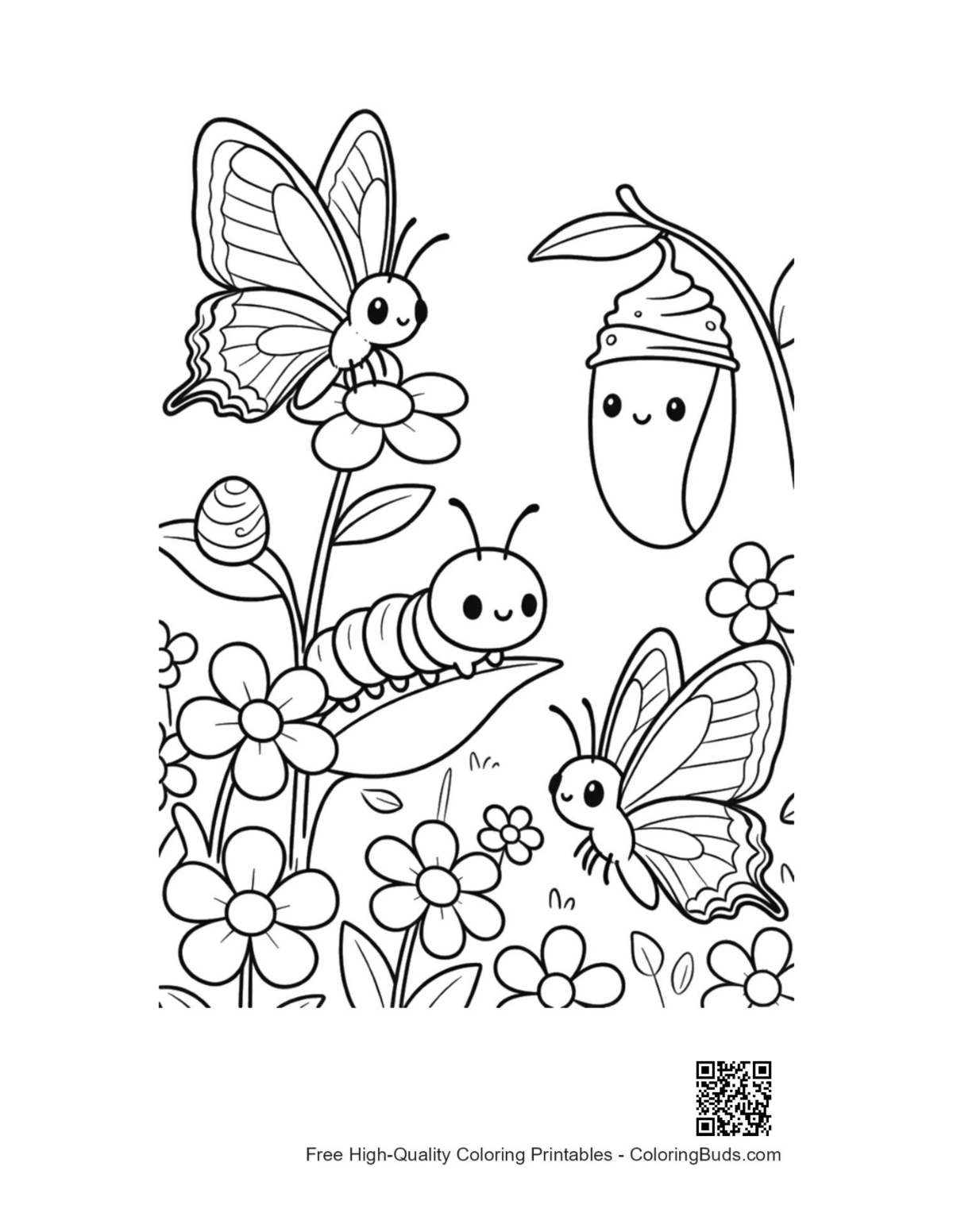 Swallowtail butterfly emerging from cocoon printable coloring page