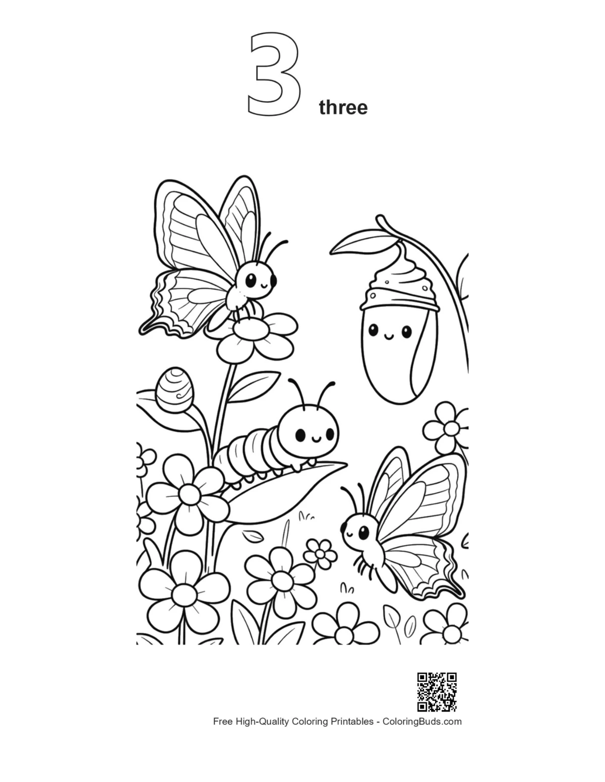 Outline Swallowtail butterfly cocoon flower branch coloring page