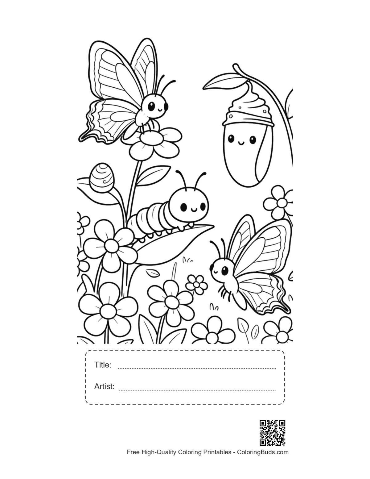 Swallowtail butterfly cocoon printable with title box coloring page