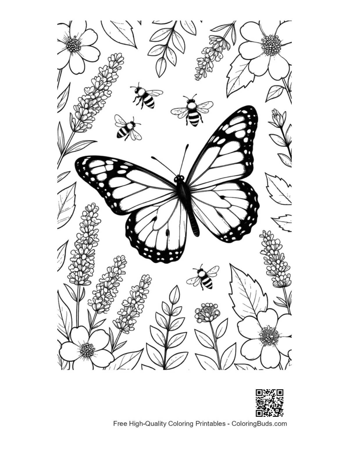 Monarch butterfly flying over flower garden coloring page