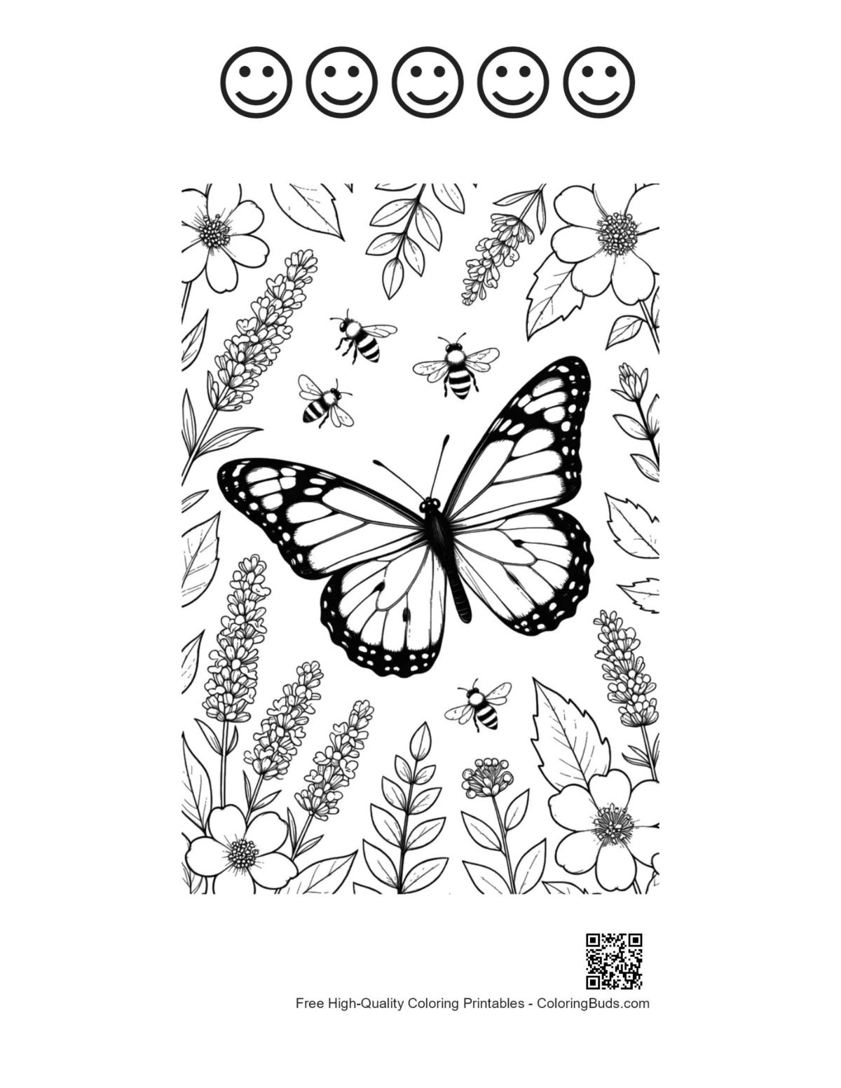 Monarch butterfly page with 5 happy faces outline