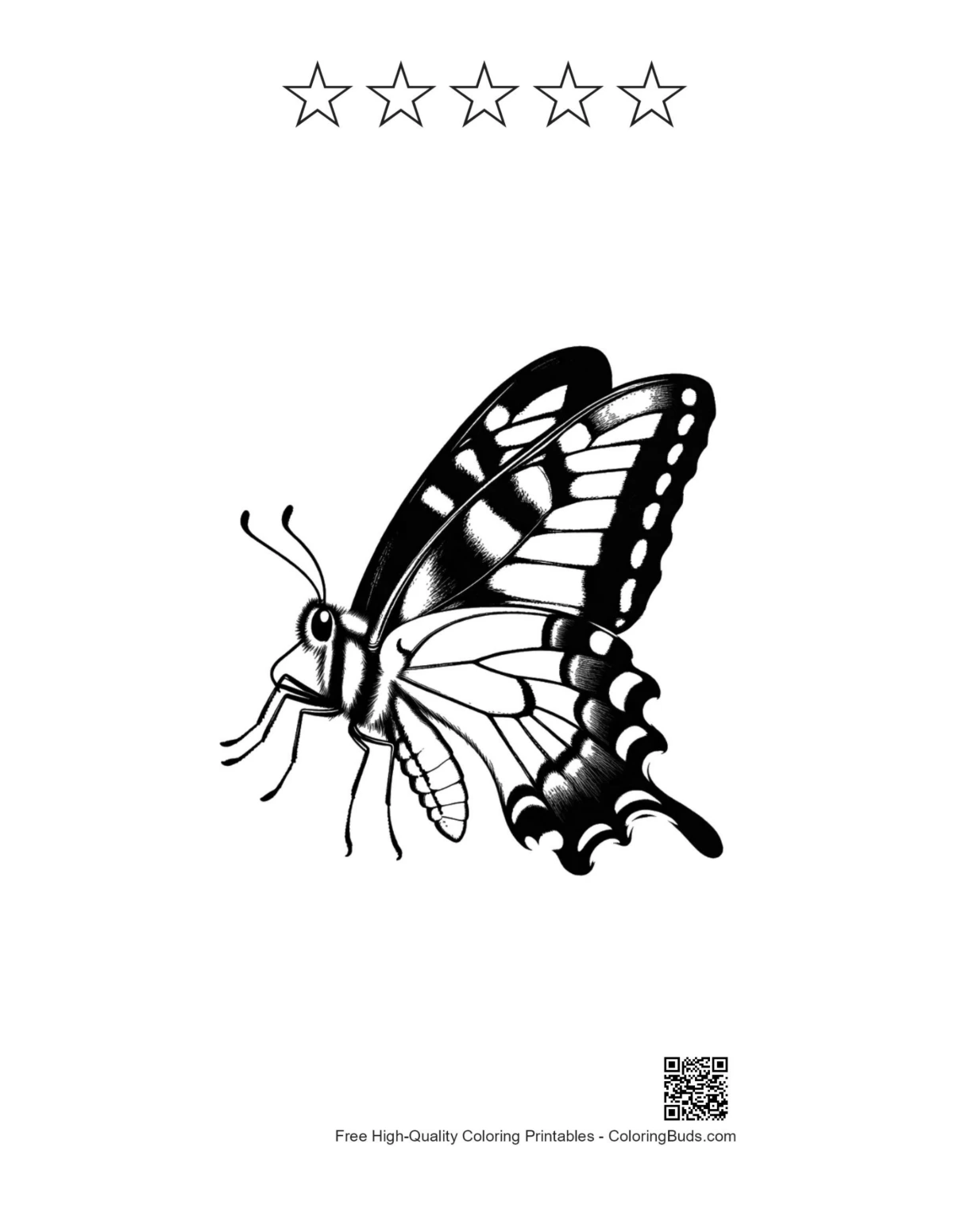 Black and white swallowtail butterfly tattoo with 5 stars
