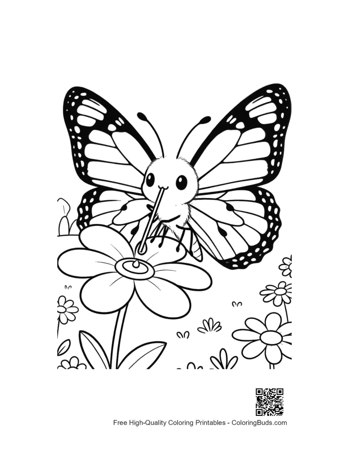 Cute monarch butterfly flying near summer blossoms coloring page