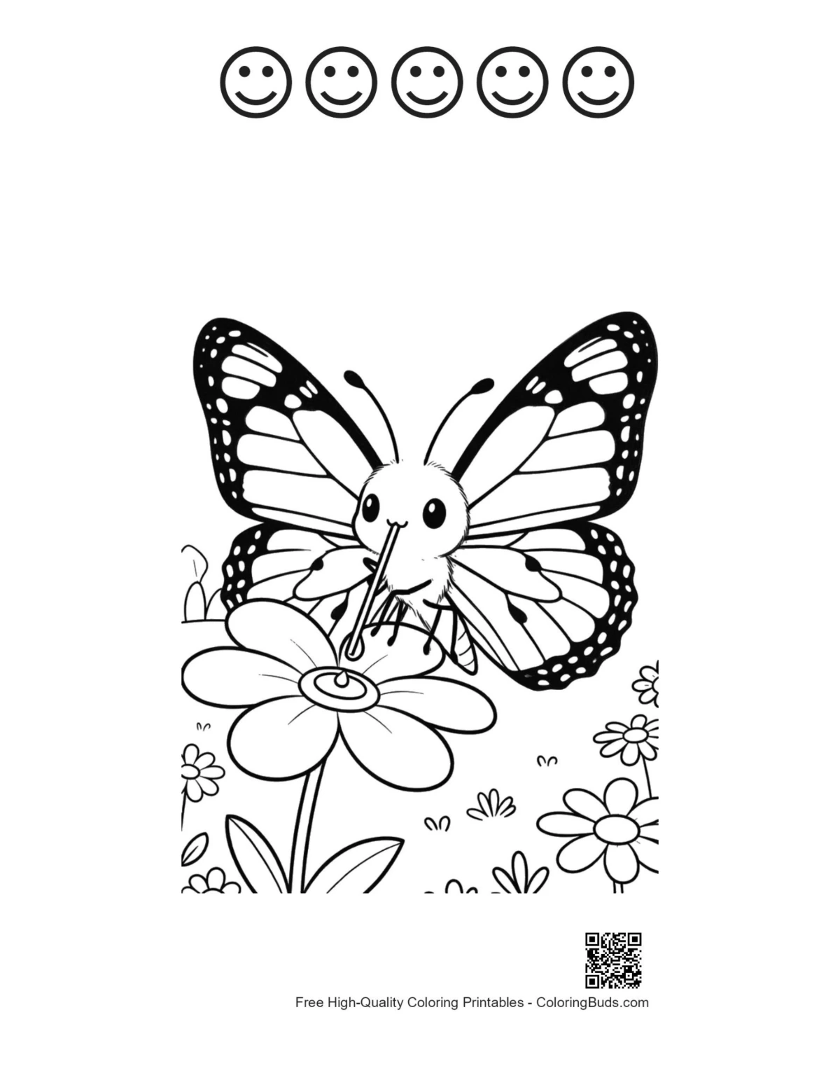 Monarch butterfly coloring page with 5 happy faces outlines