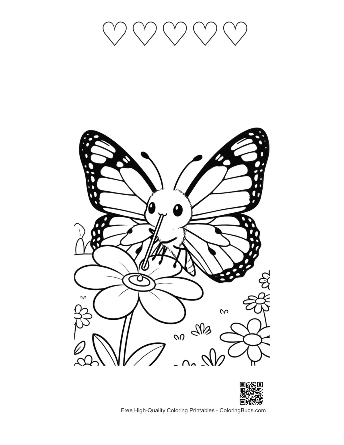 Cute monarch butterfly with 5 heart outlines coloring printable