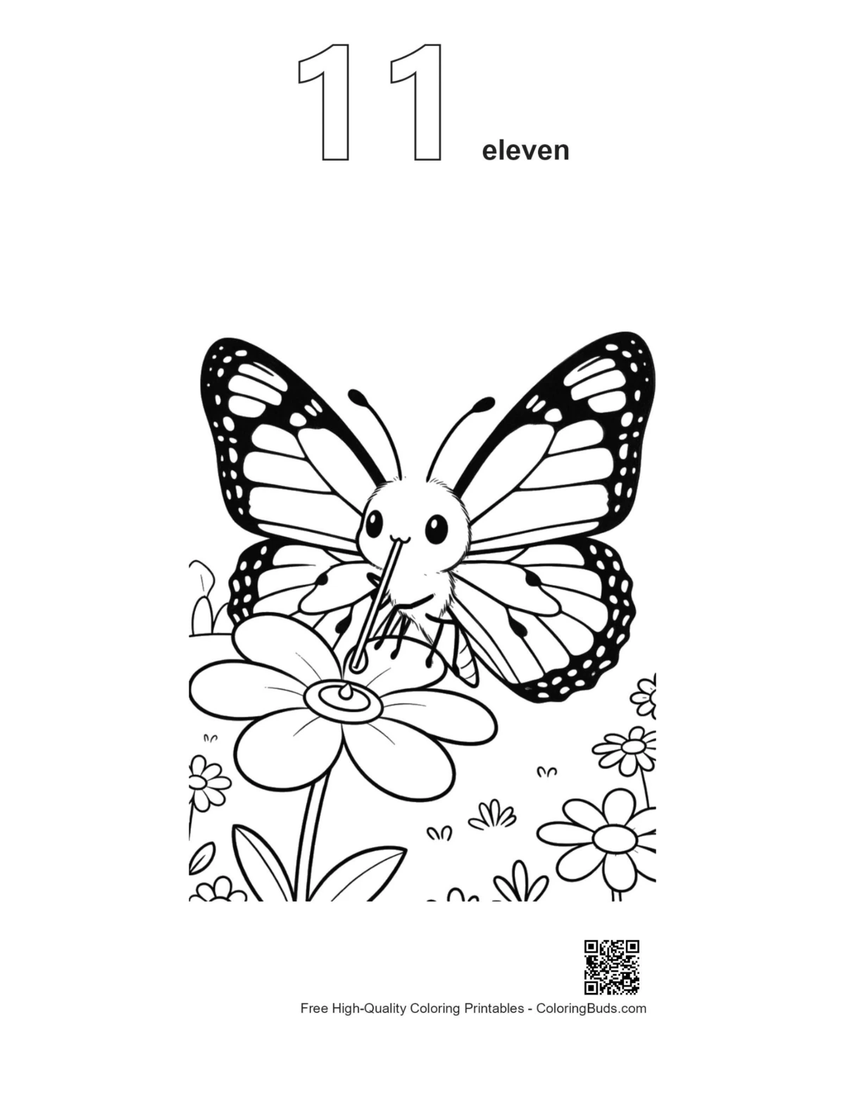 Monarch butterfly coloring outline numbered 11 near summer blossoms
