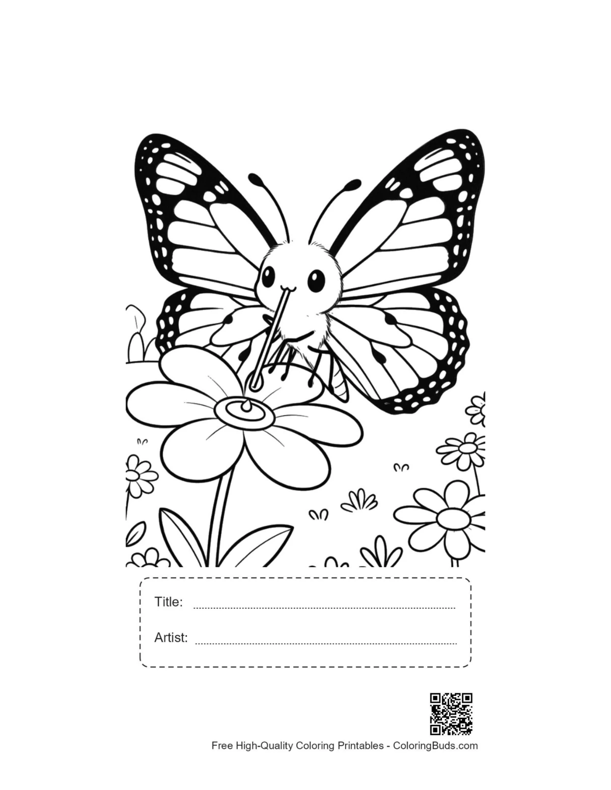 Monarch butterfly printable with title and artist box for coloring