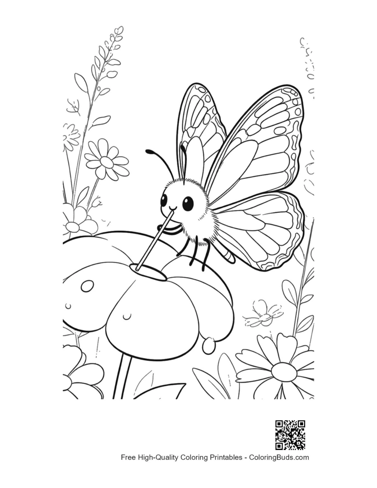 Cute monarch butterfly on clover leaf coloring page