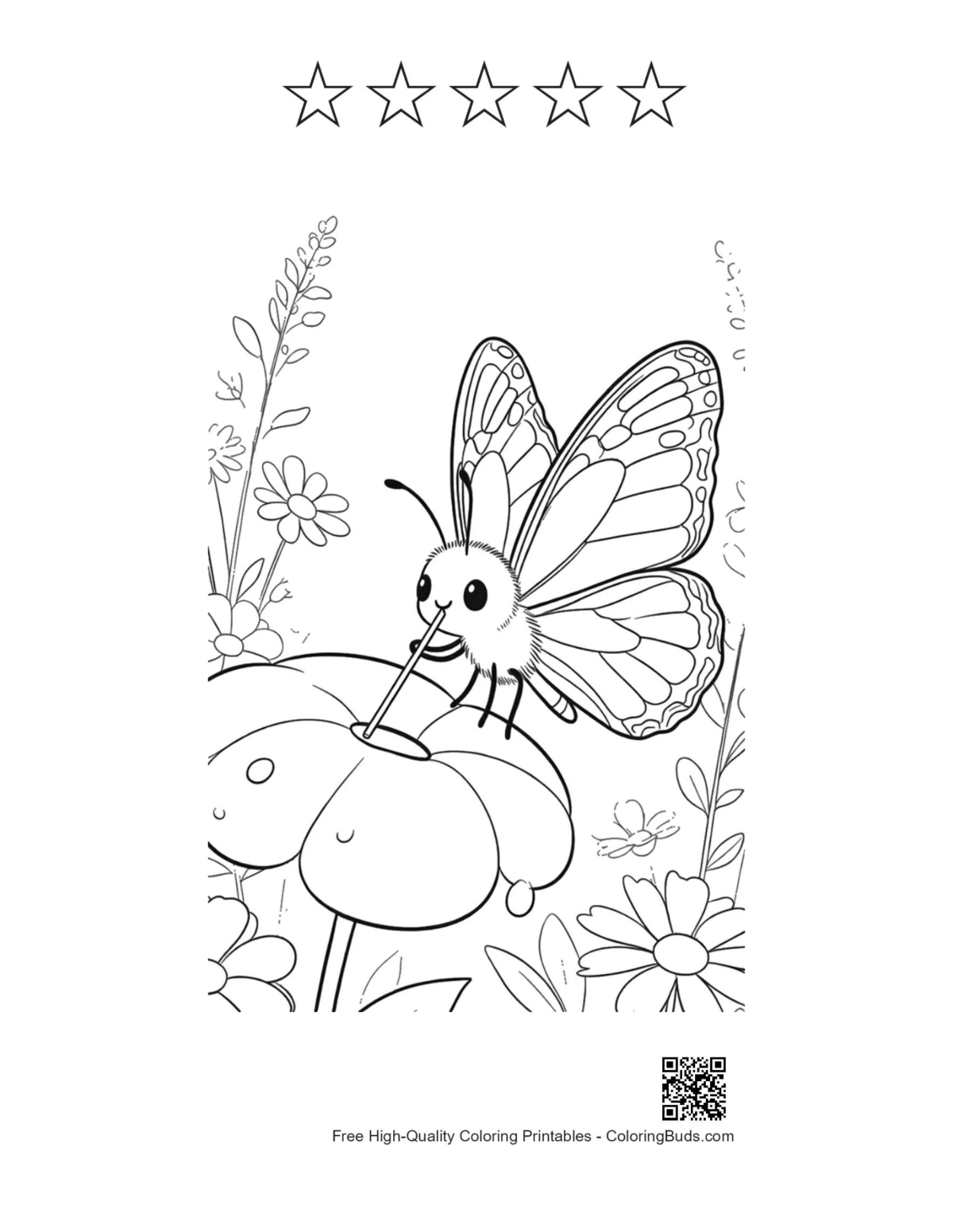 Monarch butterfly with 5-star outline coloring sheet