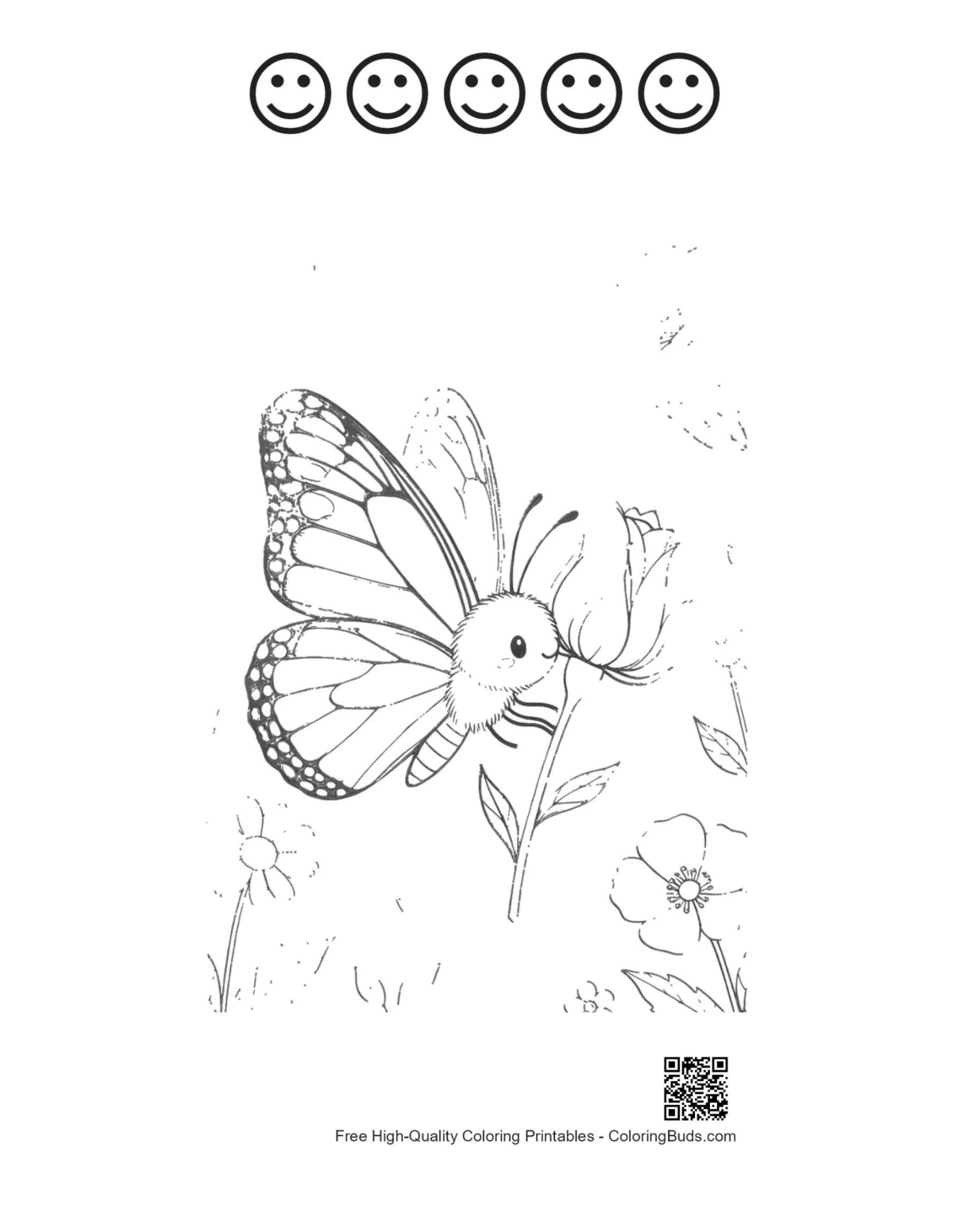 Monarch butterfly printable with 5 happy faces