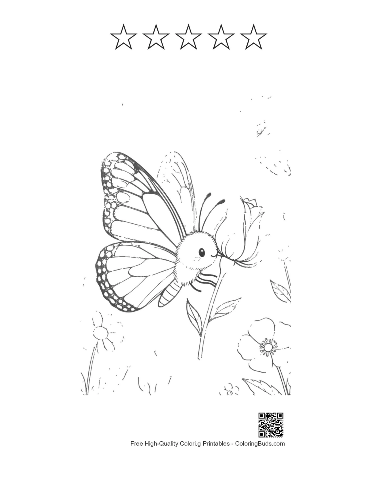 Cute butterfly coloring with 5 stars outline printable