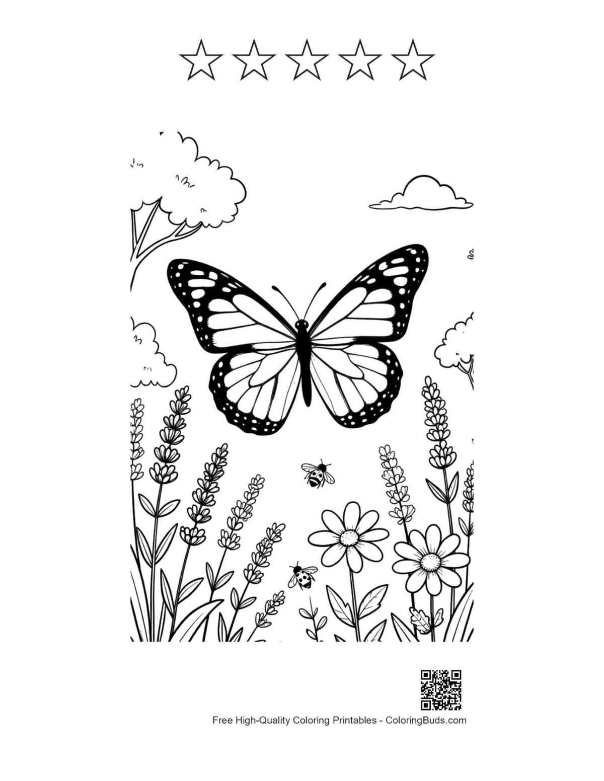 Monarch butterfly 5 star outline open wings nature coloring page