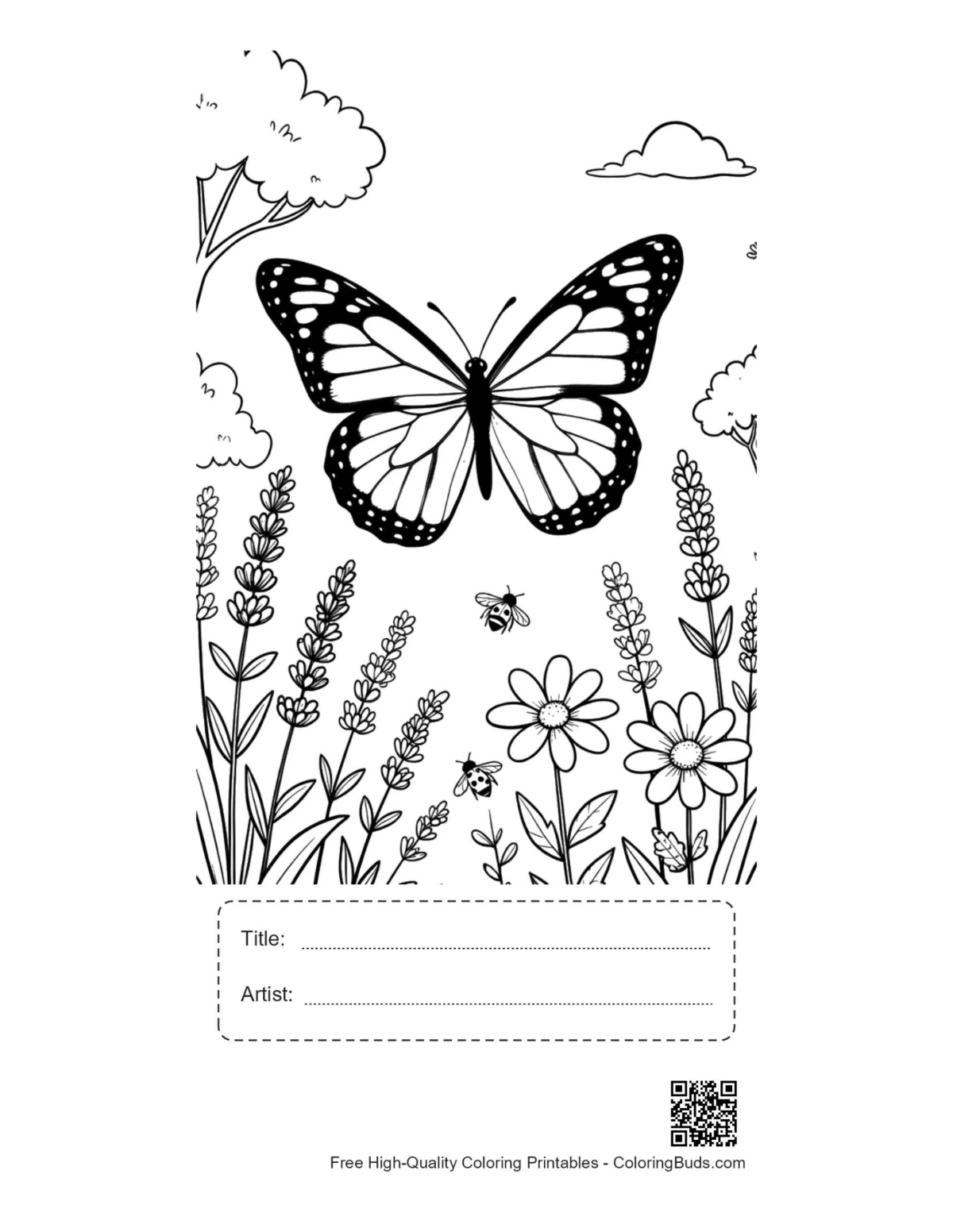 Monarch butterfly coloring page with title artist box open wings