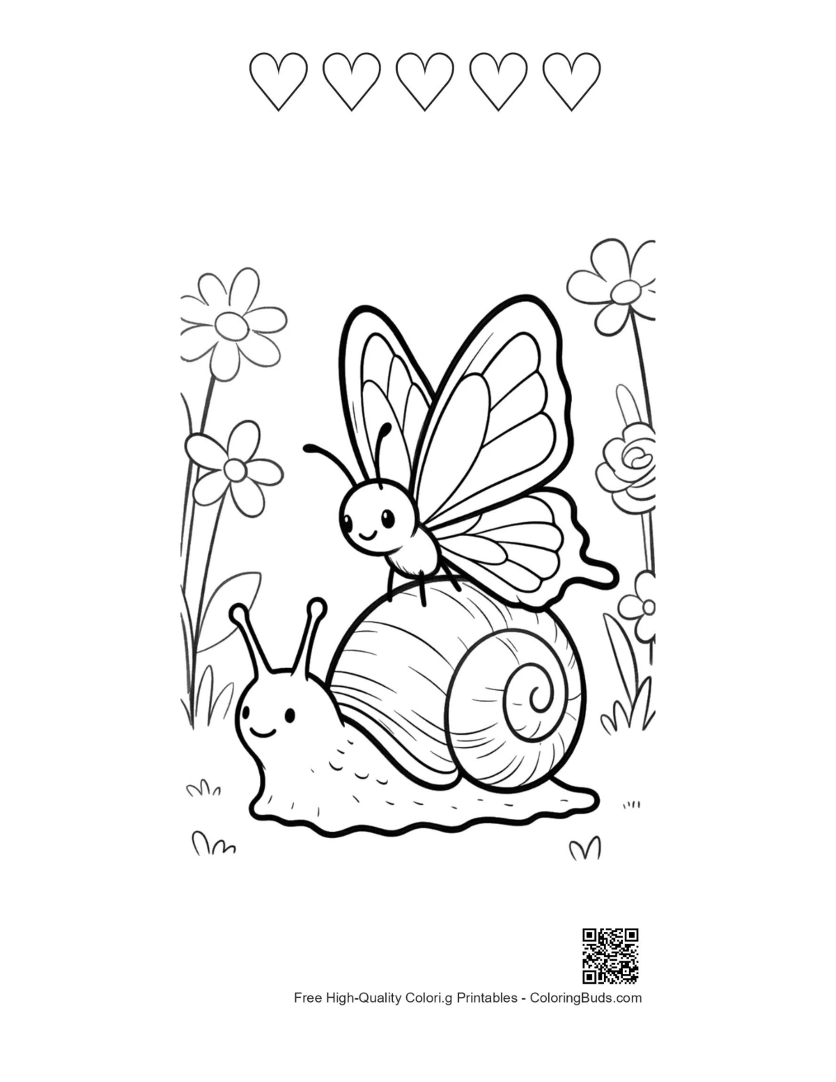 Printable Swallowtail butterfly kids page with 5 hearts
