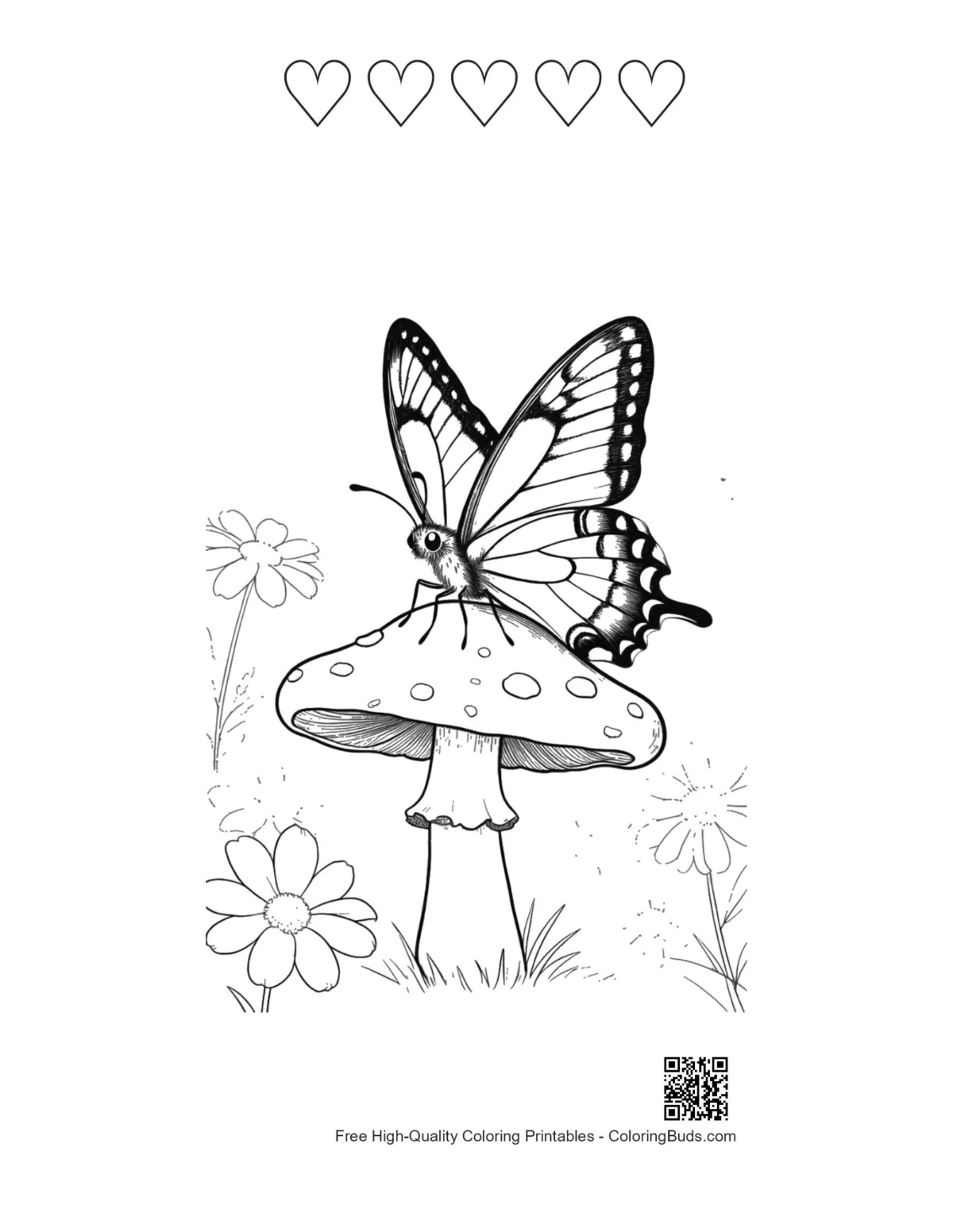 Swallowtail butterfly printable 5 heart outlines coloring sheet
