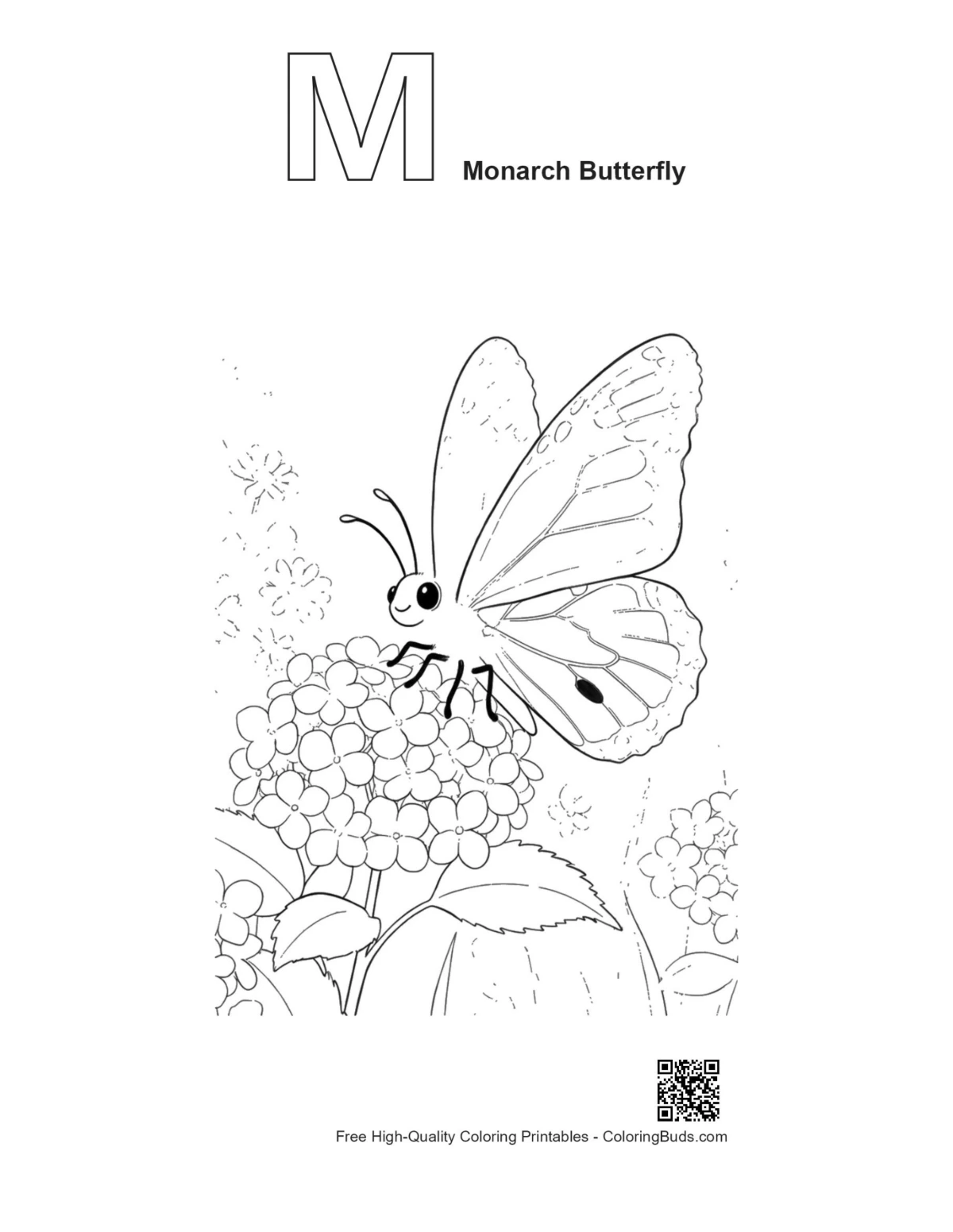 Easy monarch butterfly printable alphabet M outline