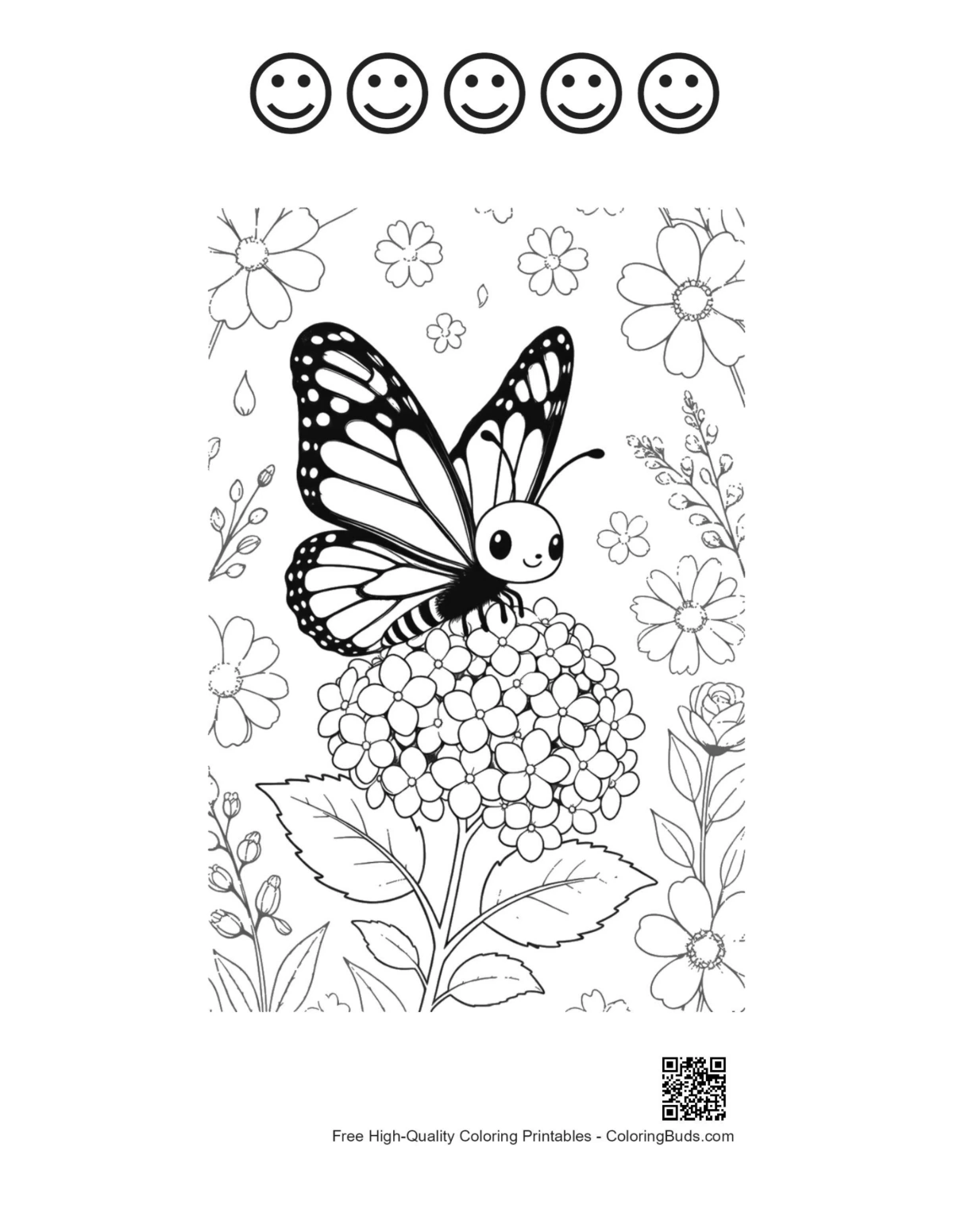 Monarch butterfly coloring page with 5 happy faces