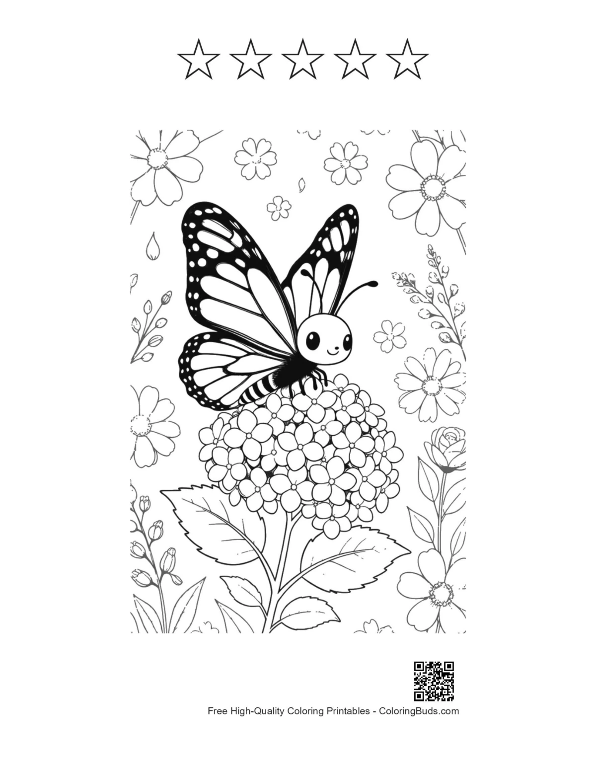 Monarch butterfly coloring with 5 star outlines printable