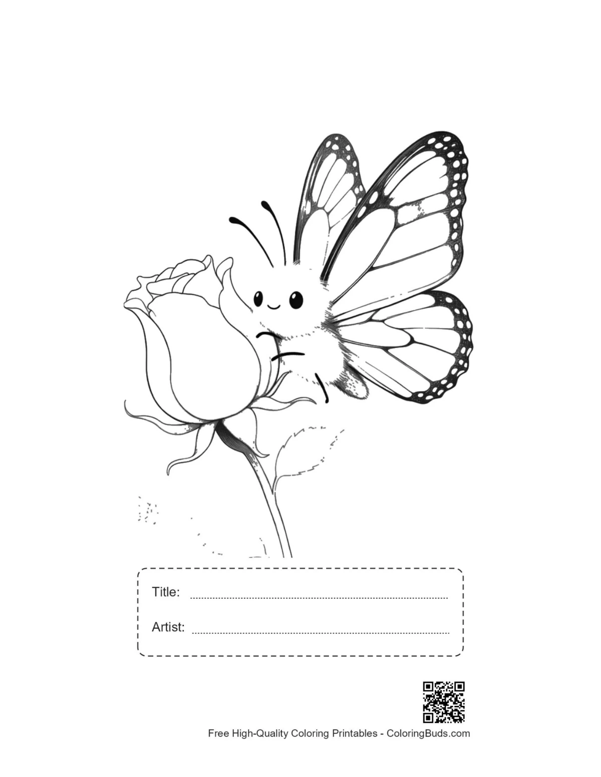 Monarch butterfly coloring page with title and artist box