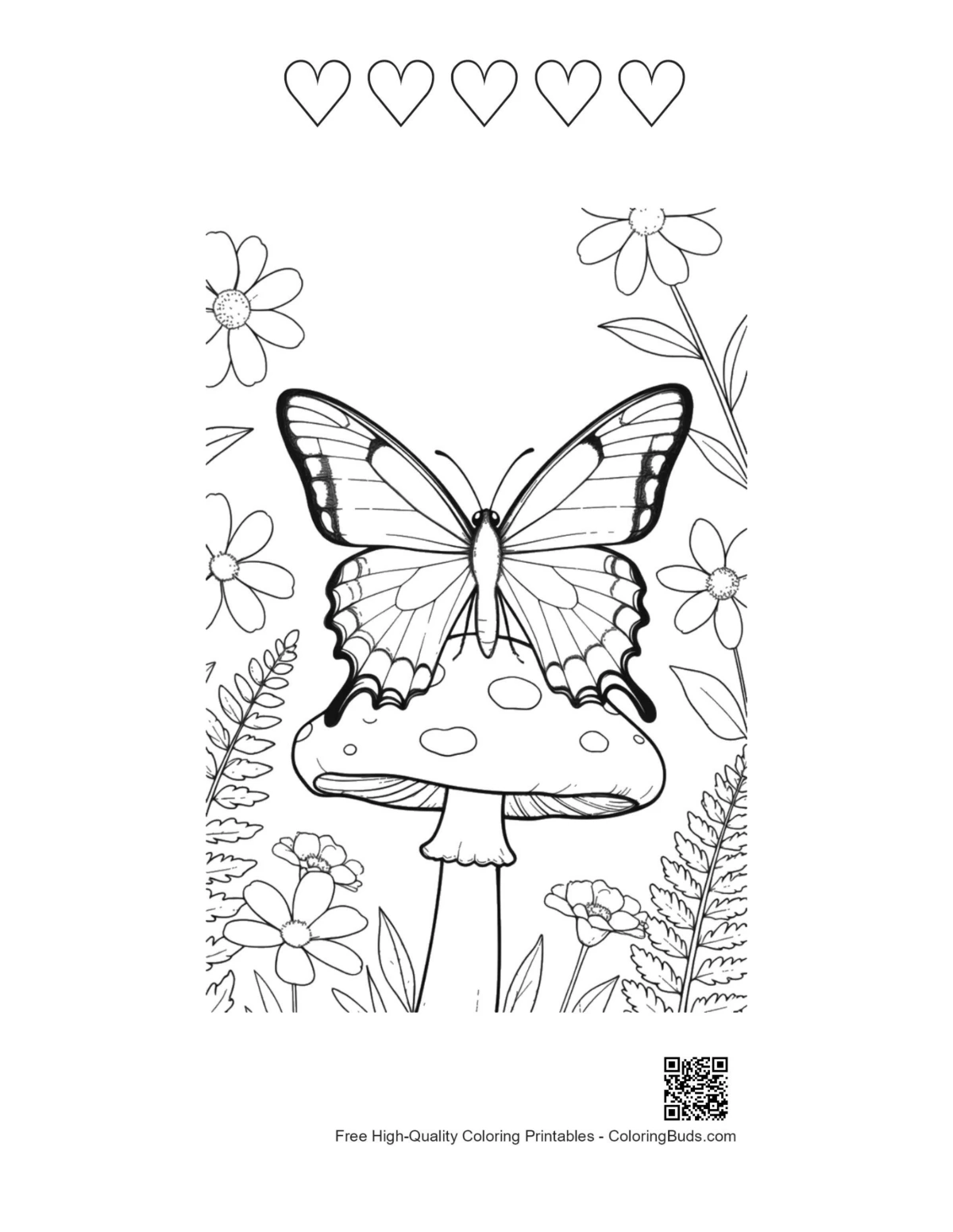 Swallowtail butterfly coloring with 5 heart outlines