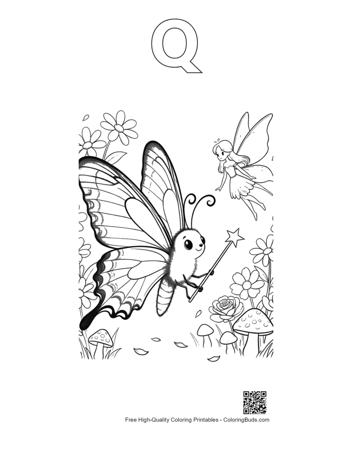Swallowtail butterfly coloring page with letter Q outline