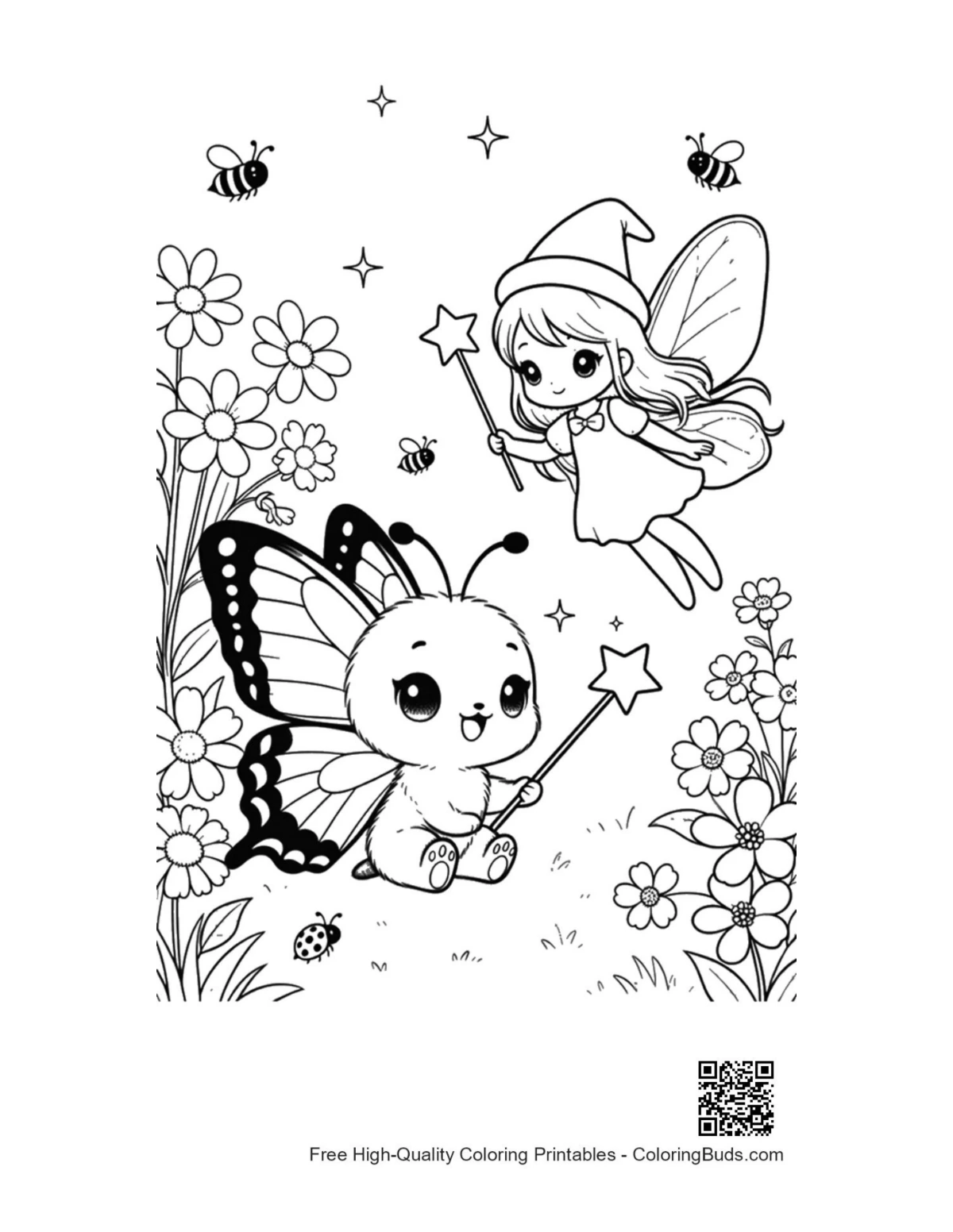 Cute Swallowtail butterfly magic wand flowers coloring printable