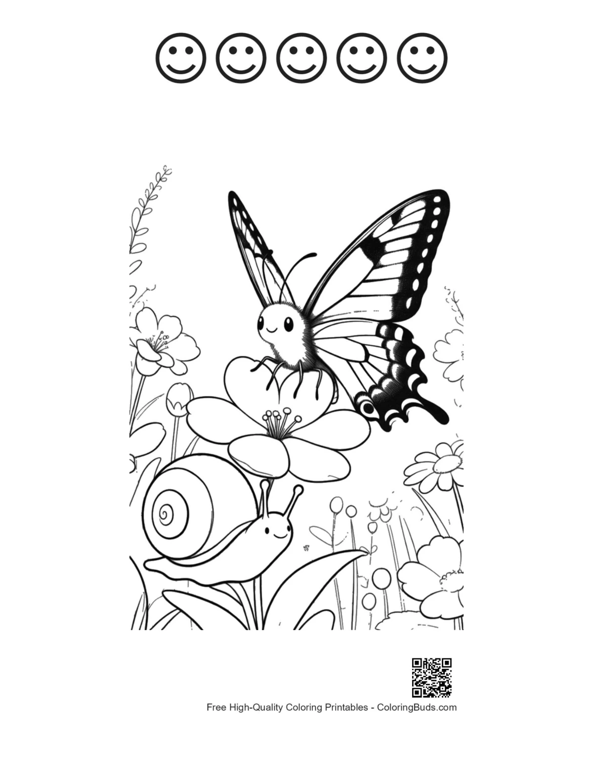 5 happy face outline Swallowtail butterfly snail meadow printable