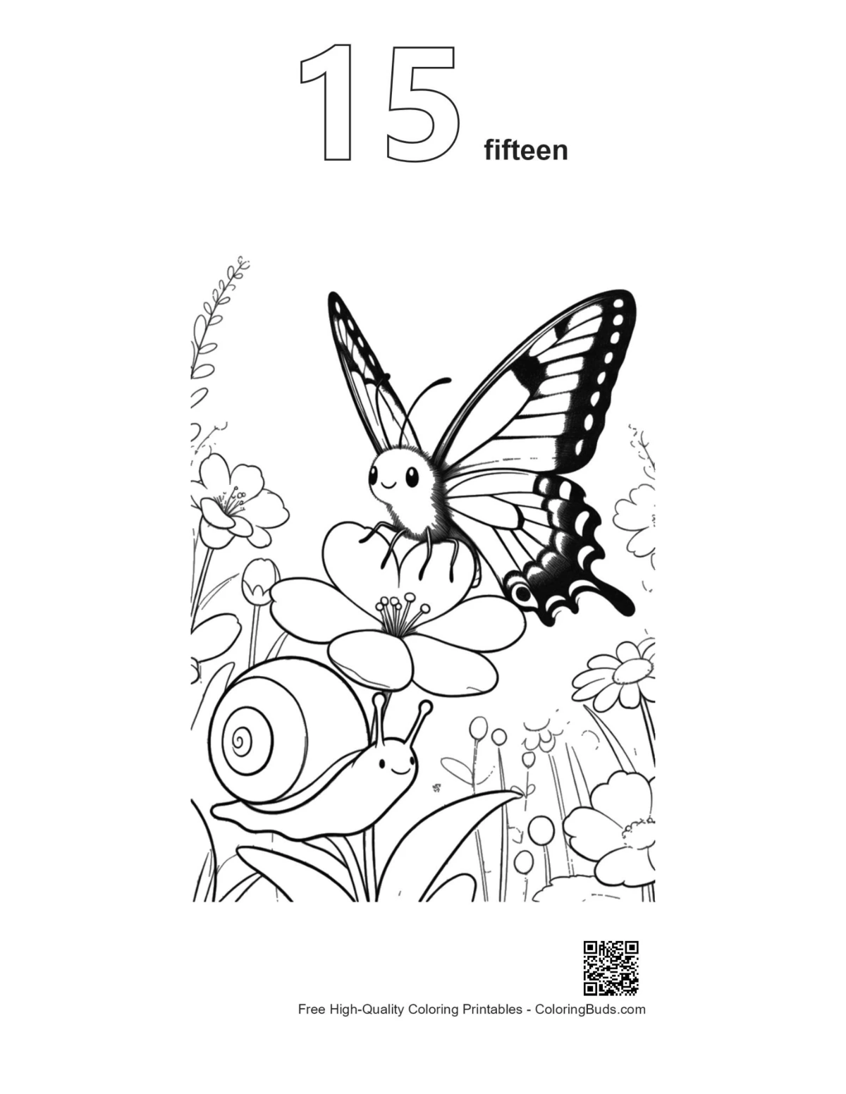 Number 15 outline Swallowtail butterfly snail spring meadow printable