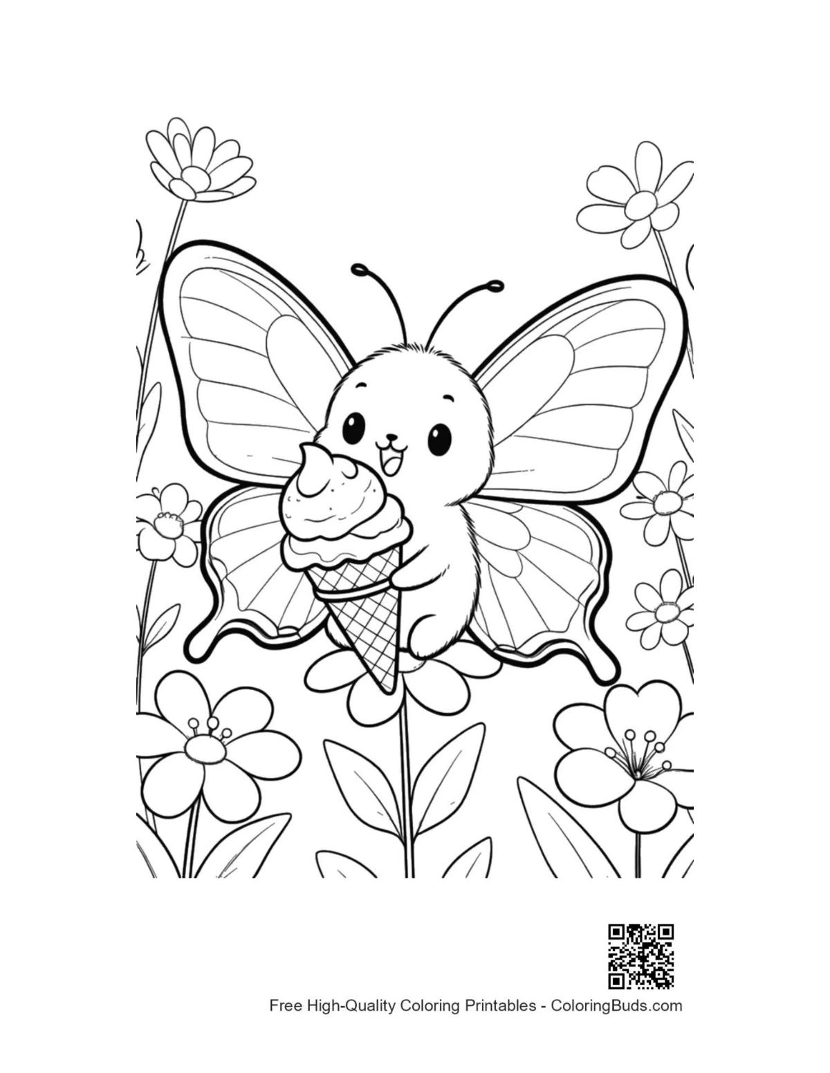 Happy Swallowtail butterfly holding ice cream coloring page