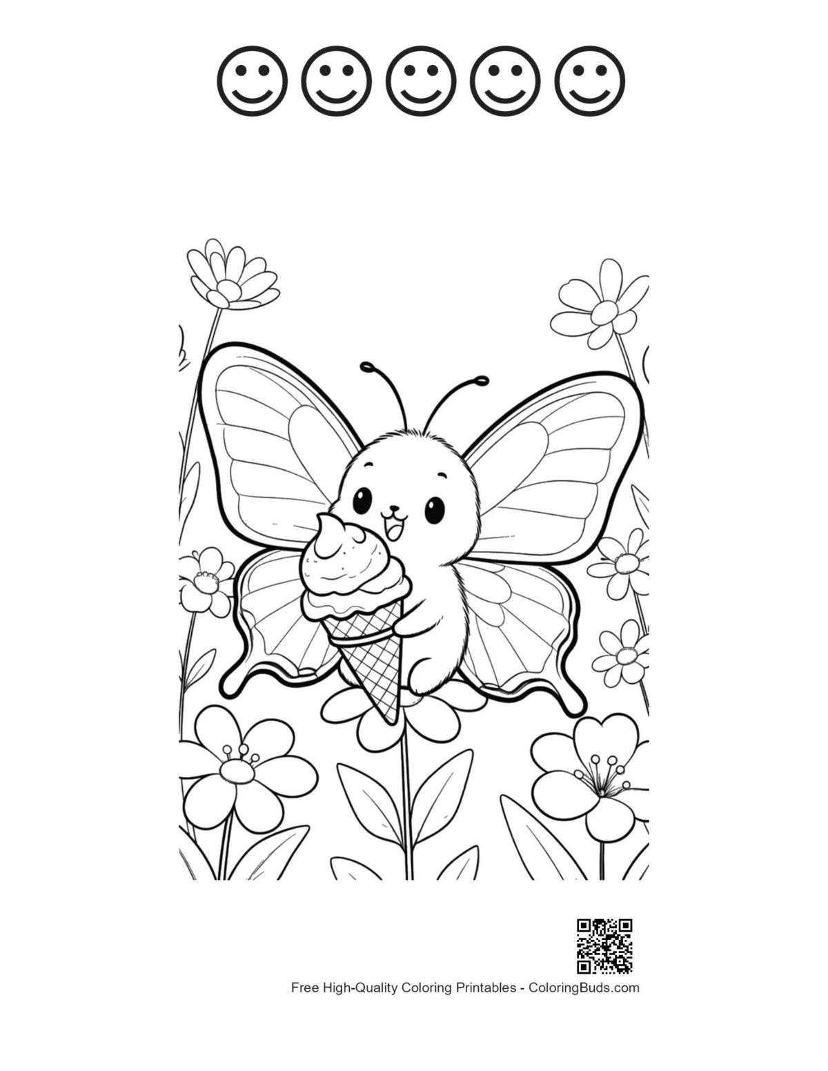 Cute butterfly ice cream coloring page with happy faces