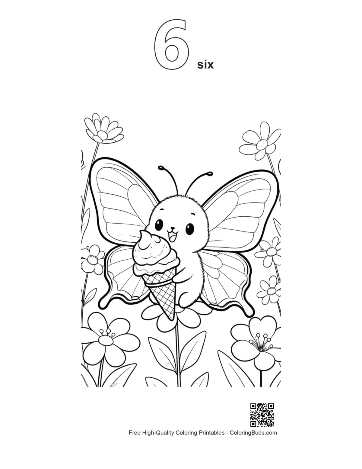 Number 6 outline Swallowtail butterfly ice cream coloring sheet