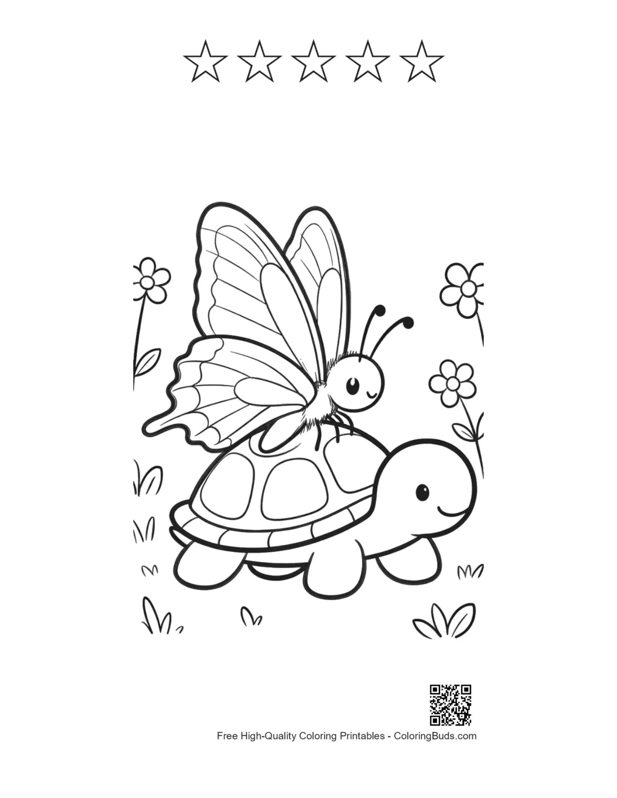 Butterfly turtle garden printable with 5-star outline