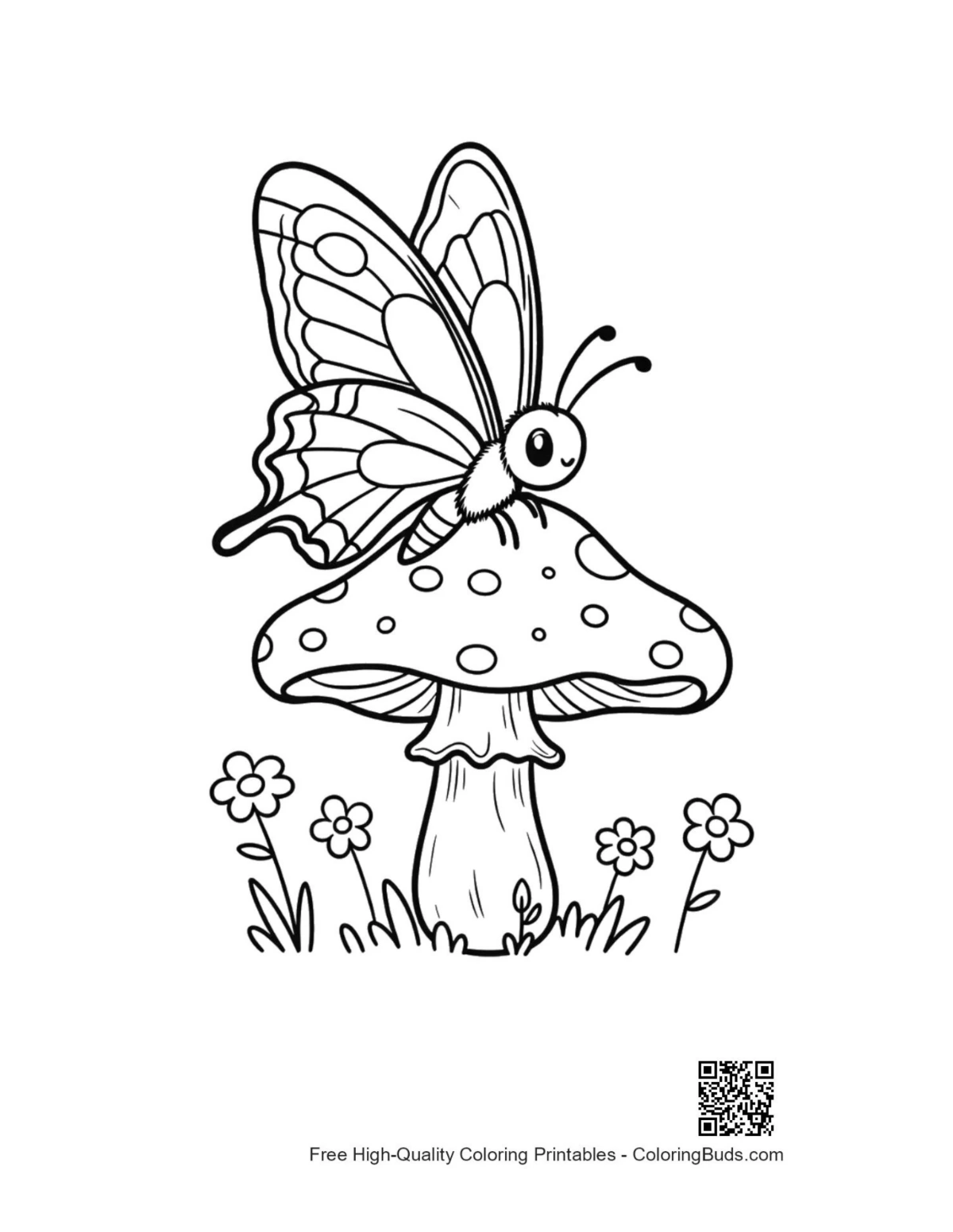 Cute swallowtail butterfly on mushroom coloring printable