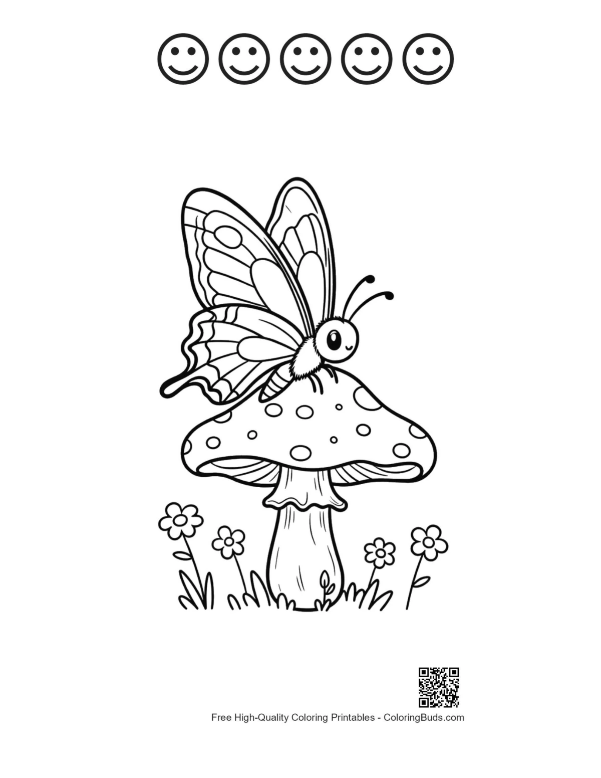 Swallowtail butterfly on mushroom with happy faces printable