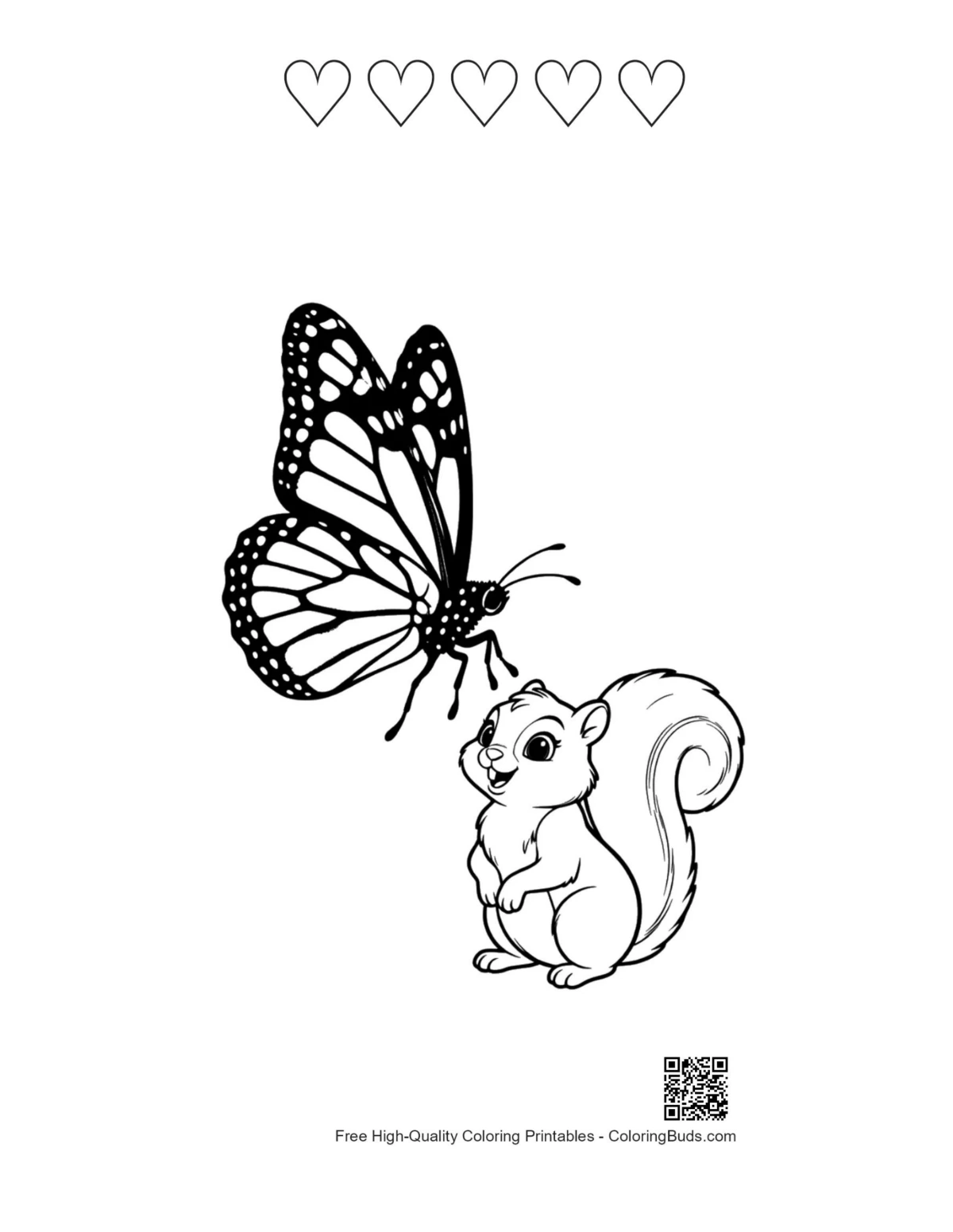 Monarch butterfly squirrel outline with hearts printable