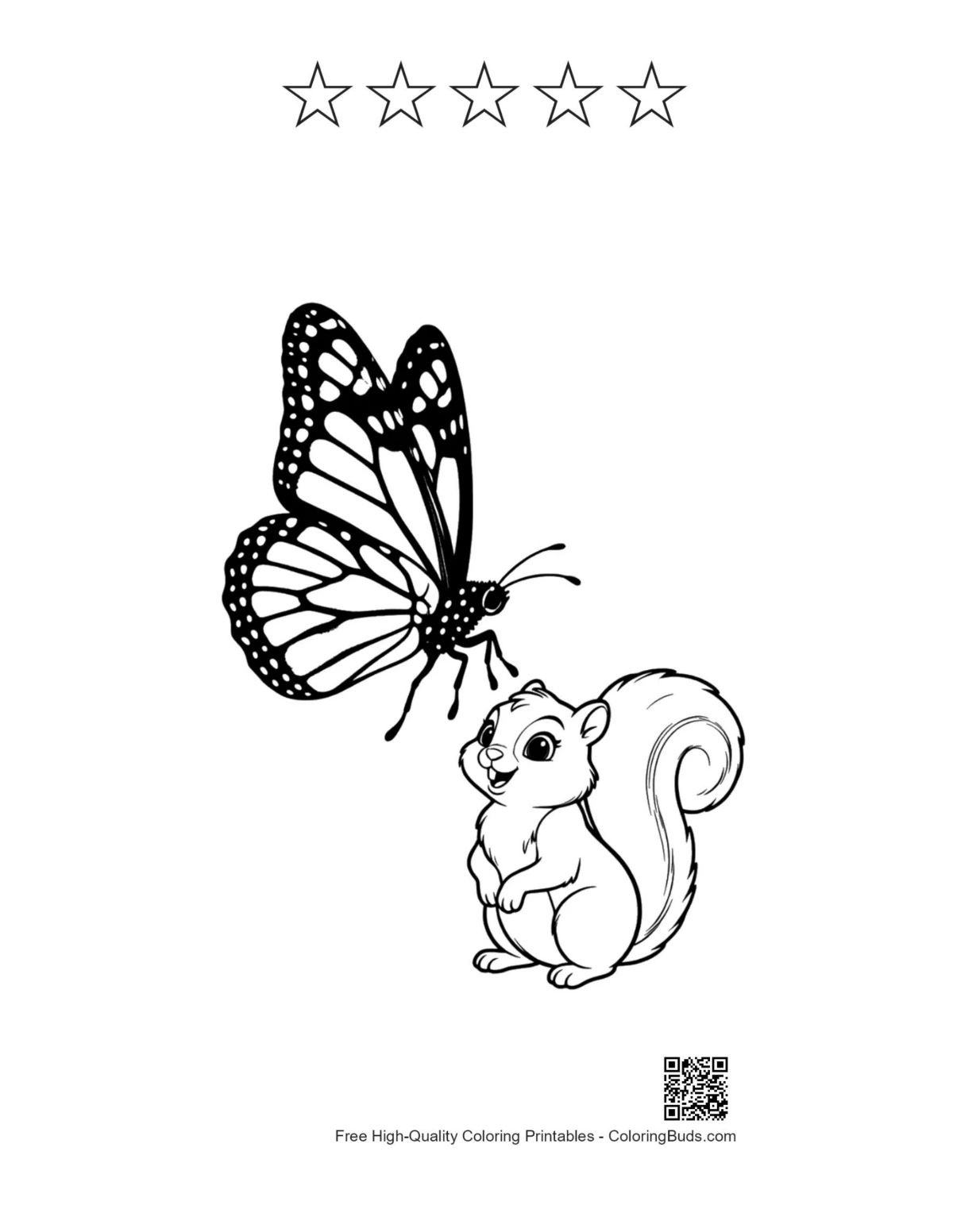 Monarch butterfly squirrel outline with 5 stars printable