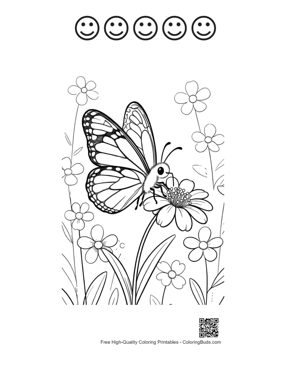 Monarch butterfly page with 5 happy faces