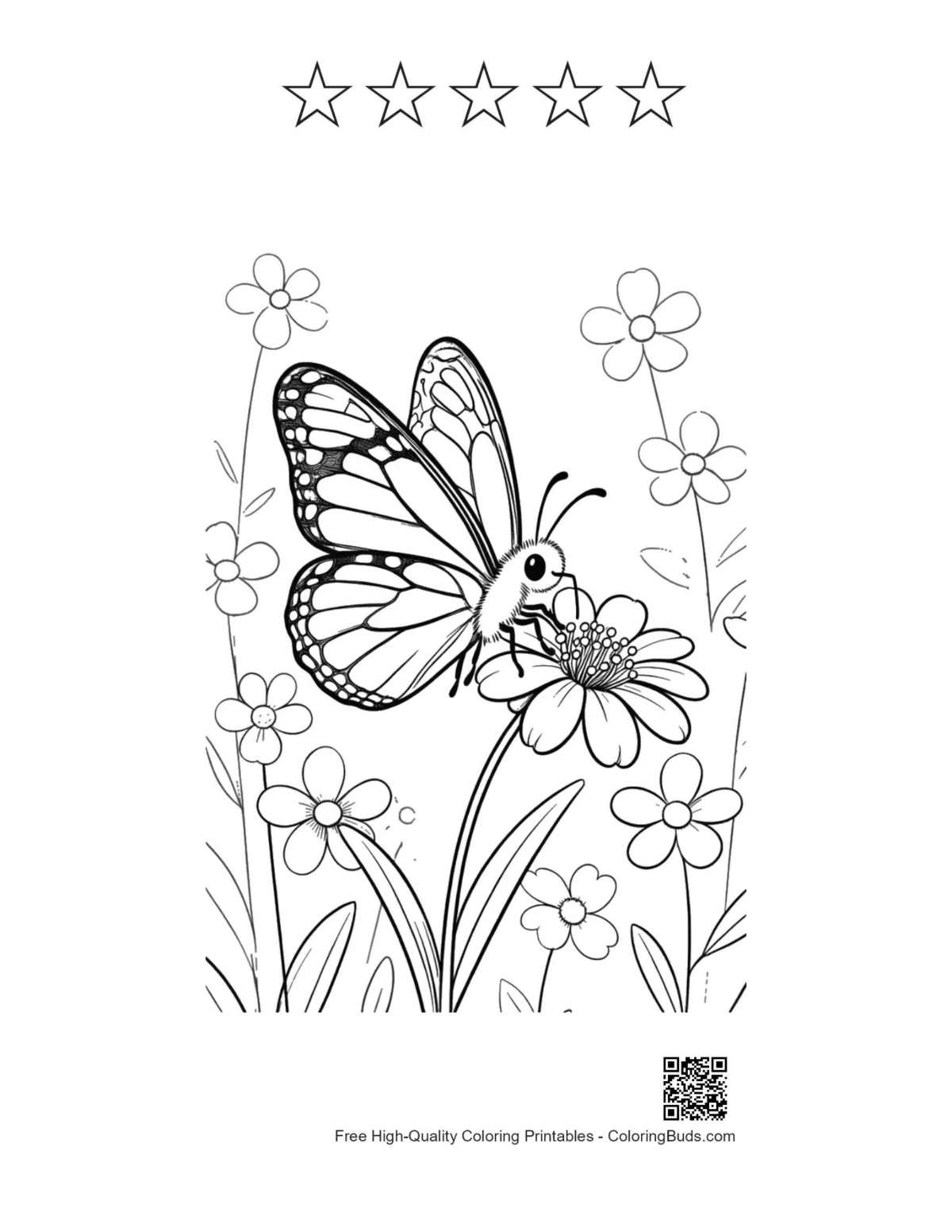 Monarch butterfly coloring with 5 stars outline