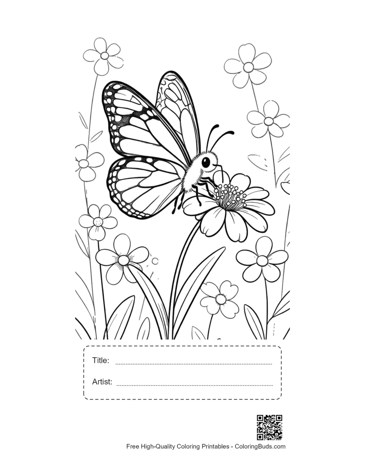 Monarch butterfly coloring page with title box