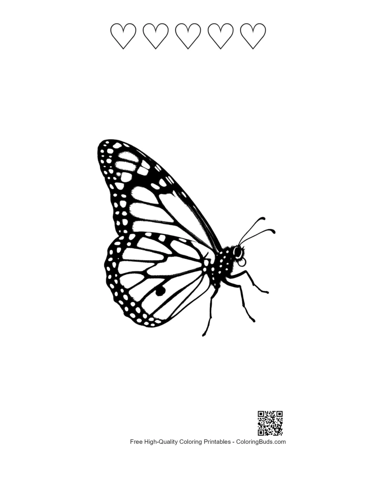 Monarch butterfly line art with heart shapes