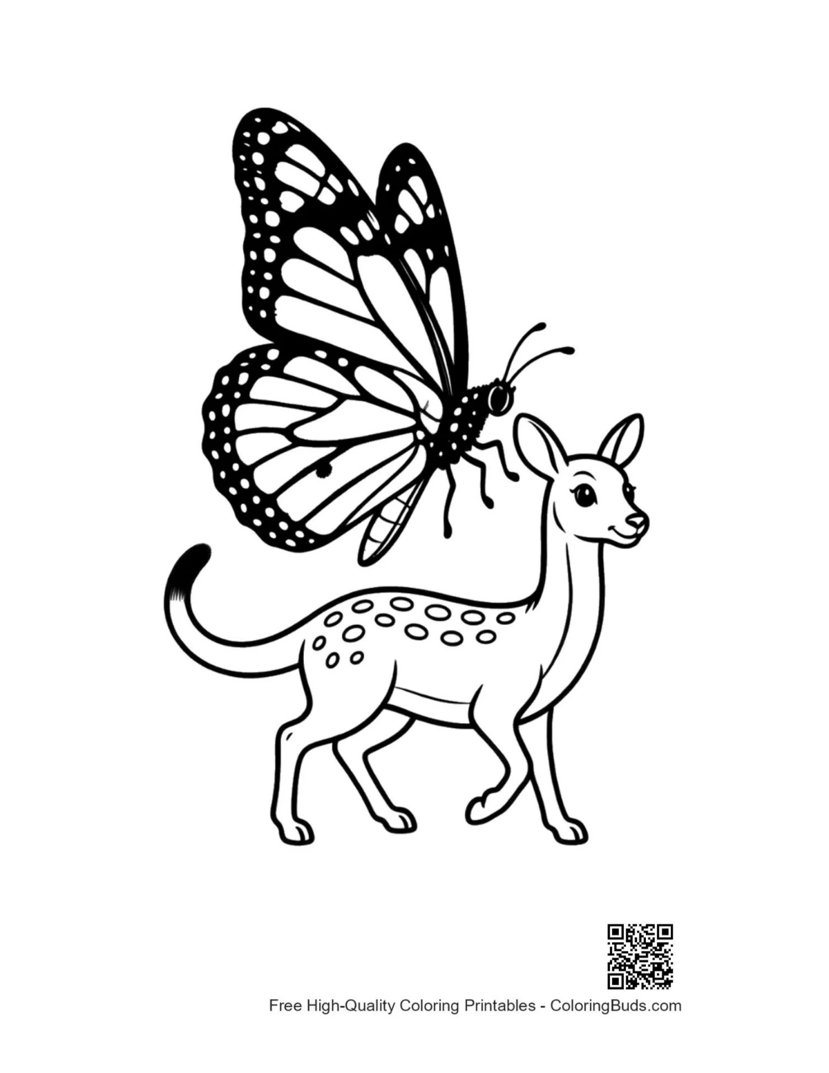 Monarch butterfly perched on gentle fawn illustration