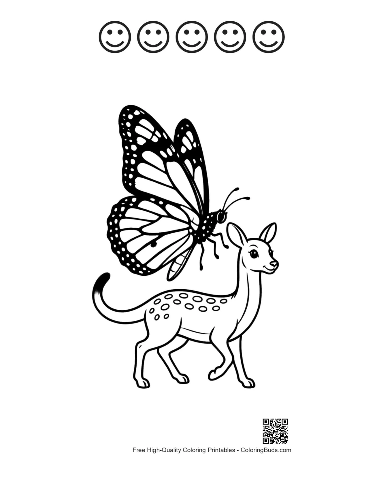 Coloring printable of monarch butterfly on fawn with happy faces